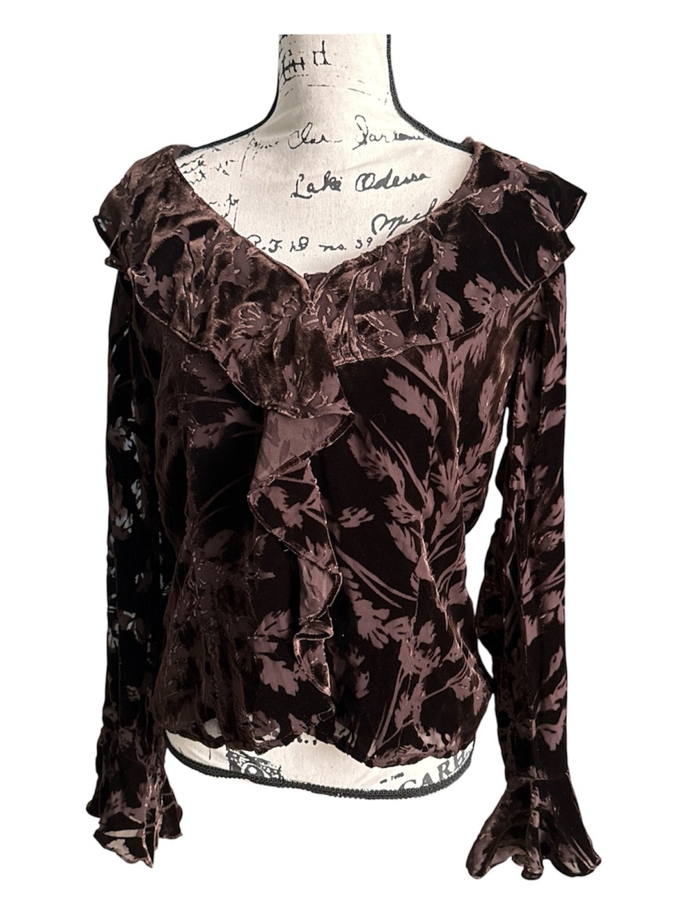Jones New York Signature brown velvet floral burnout button up blouse M ruffles